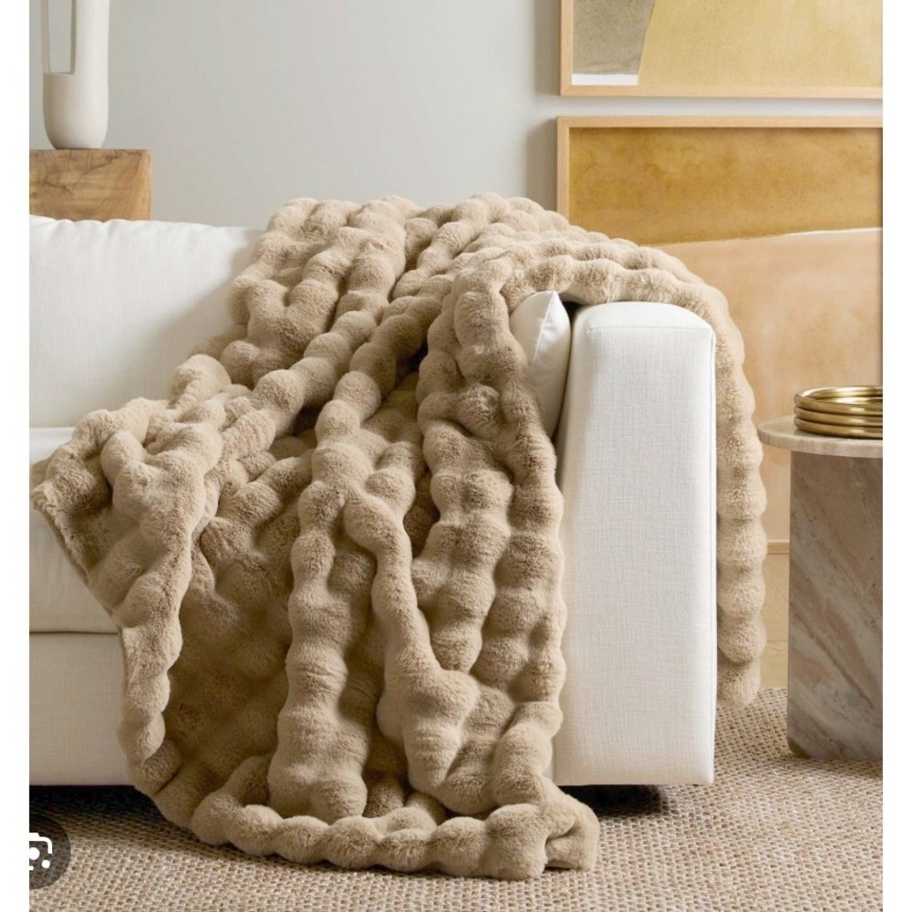 Quince Ruched Faux Fur Throw Blanket Mink 60x80 Cozy Blanket